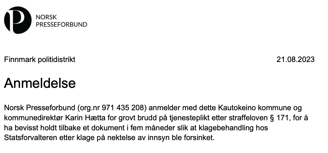 Kommunedirektøren i Kautokeino anmeldt til politiet
